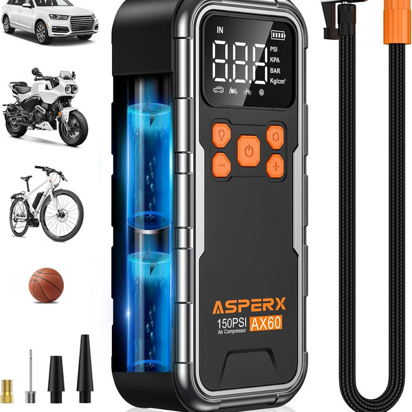 Tire Inflator Portable Air Compressor, 150PSI Cordless Air Pump for Car Tires, 3X Faster Air Inflator Tire Pump with Digital Pressure Gauge and Emergency LED Light for Motorcycle Bike Ball Car