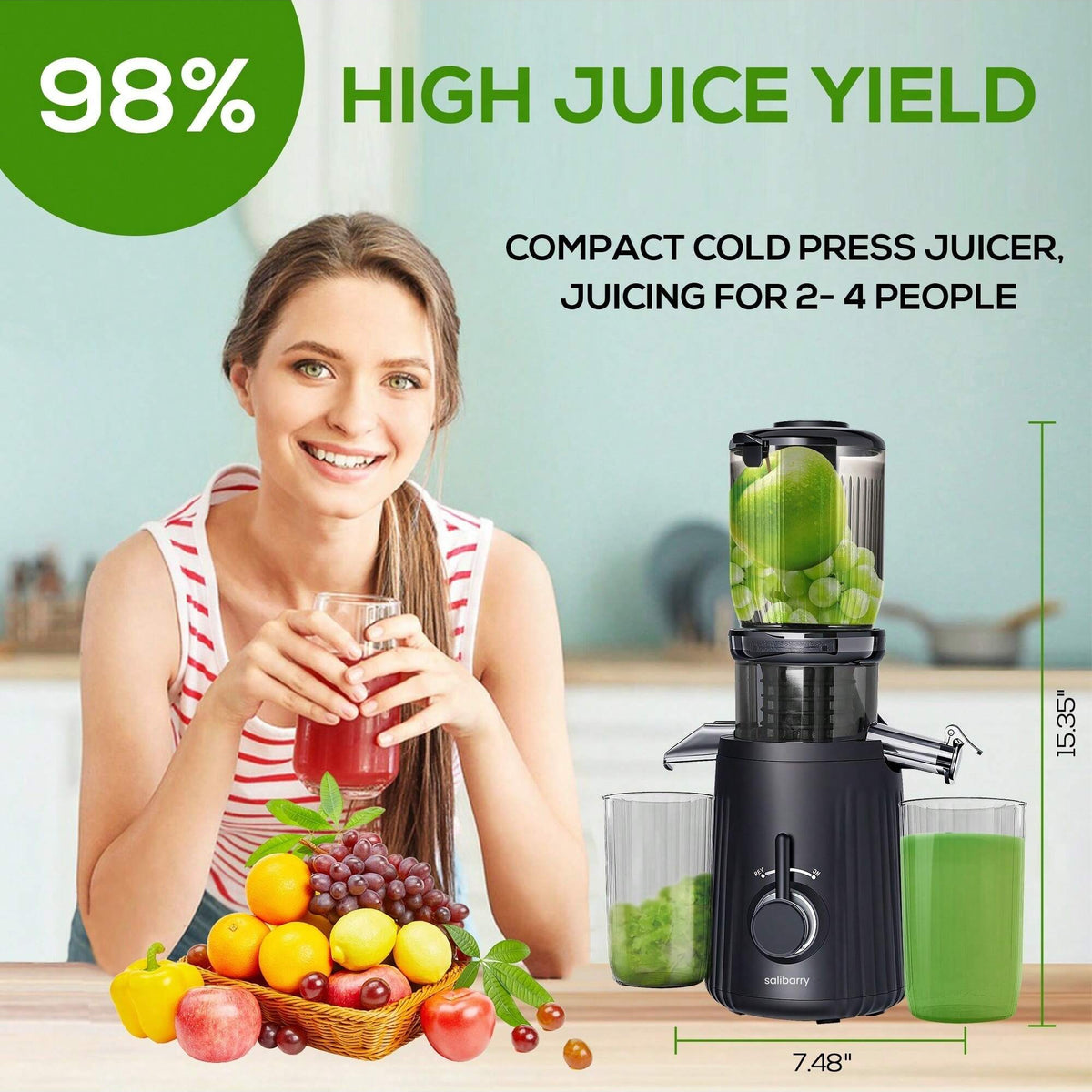 Salibarry Cold Press Juicer, Slow Masticating Juicer Machines with 4.1" Large Feed Chute Fit Whole Vegetable & Fruit, Self Feeding Blender Easy to Clean, 98% Juice Purity,Quiet Motor Fruit Presses for Household Purposes