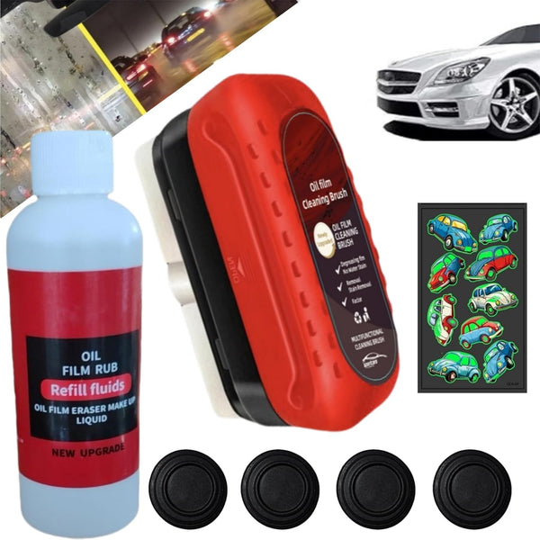Automotive Oil Film Cleaning Brush Car Window Cleaner Improves Clarity and Visibility (1Brush+Replenish100Ml) Free 4 Silent Silicone Mats for Closing Car Doors+1 Night Light Car Tattoo Sticker