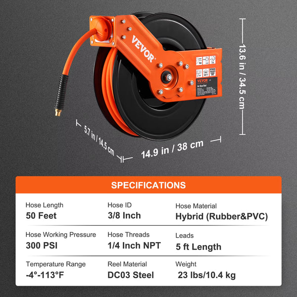 Succebuy Retractable Air Hose Reel 50FT Hybrid Air Compressor Hose Reel Wall Mount Heavy Duty Double Arm Stainless Steel Reel
