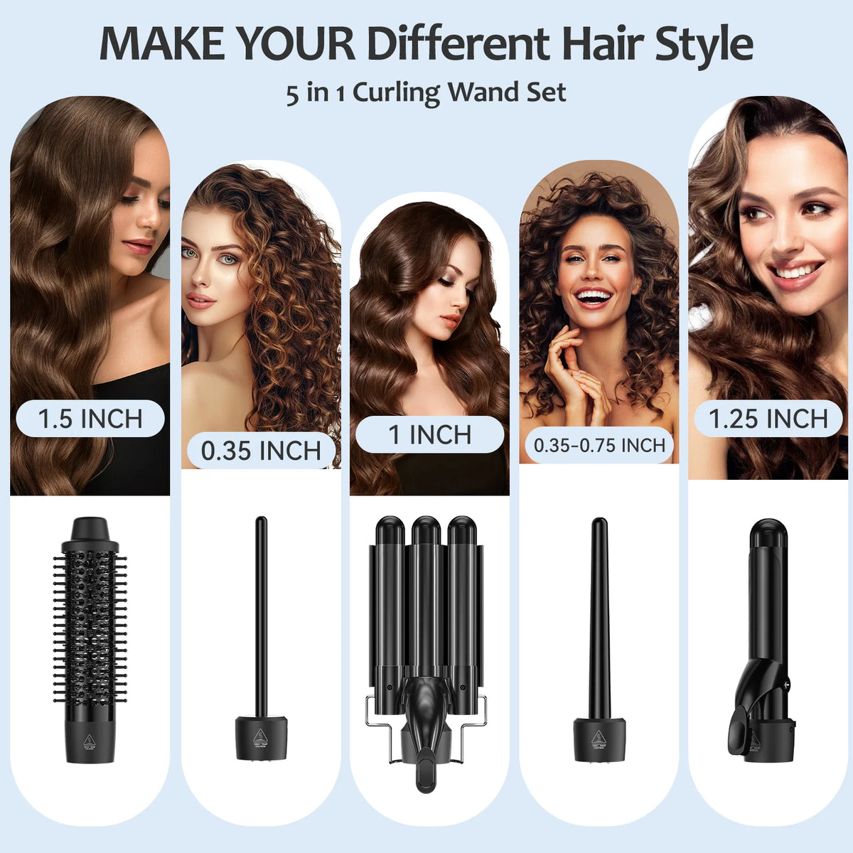 Curling Iron Set 5 in 1,  Curling Wand Set with Thermal Brush and 4 Interchangeable Ceramic Curling Wand(0.35"-1.25")