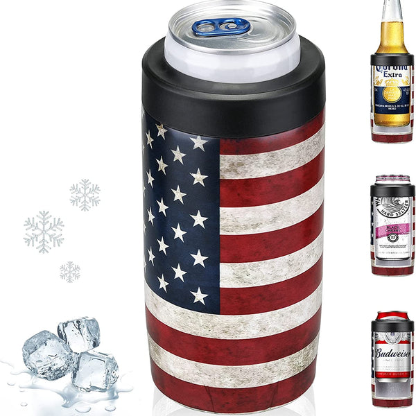 Slim Can Cooler, 4-In-1 Double Walled Stainless Steel Insulated Beer Can Holder, Works with All 12 Oz Cans,Bottles & as a Pint Cups - America Flag