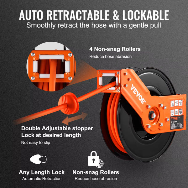 Succebuy Retractable Air Hose Reel 50FT Hybrid Air Compressor Hose Reel Wall Mount Heavy Duty Double Arm Stainless Steel Reel