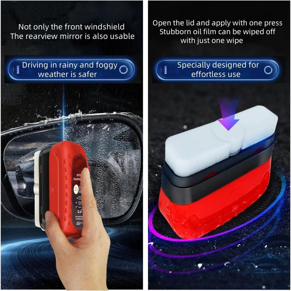 Automotive Oil Film Cleaning Brush Car Window Cleaner Improves Clarity and Visibility (1Brush+Replenish100Ml) Free 4 Silent Silicone Mats for Closing Car Doors+1 Night Light Car Tattoo Sticker