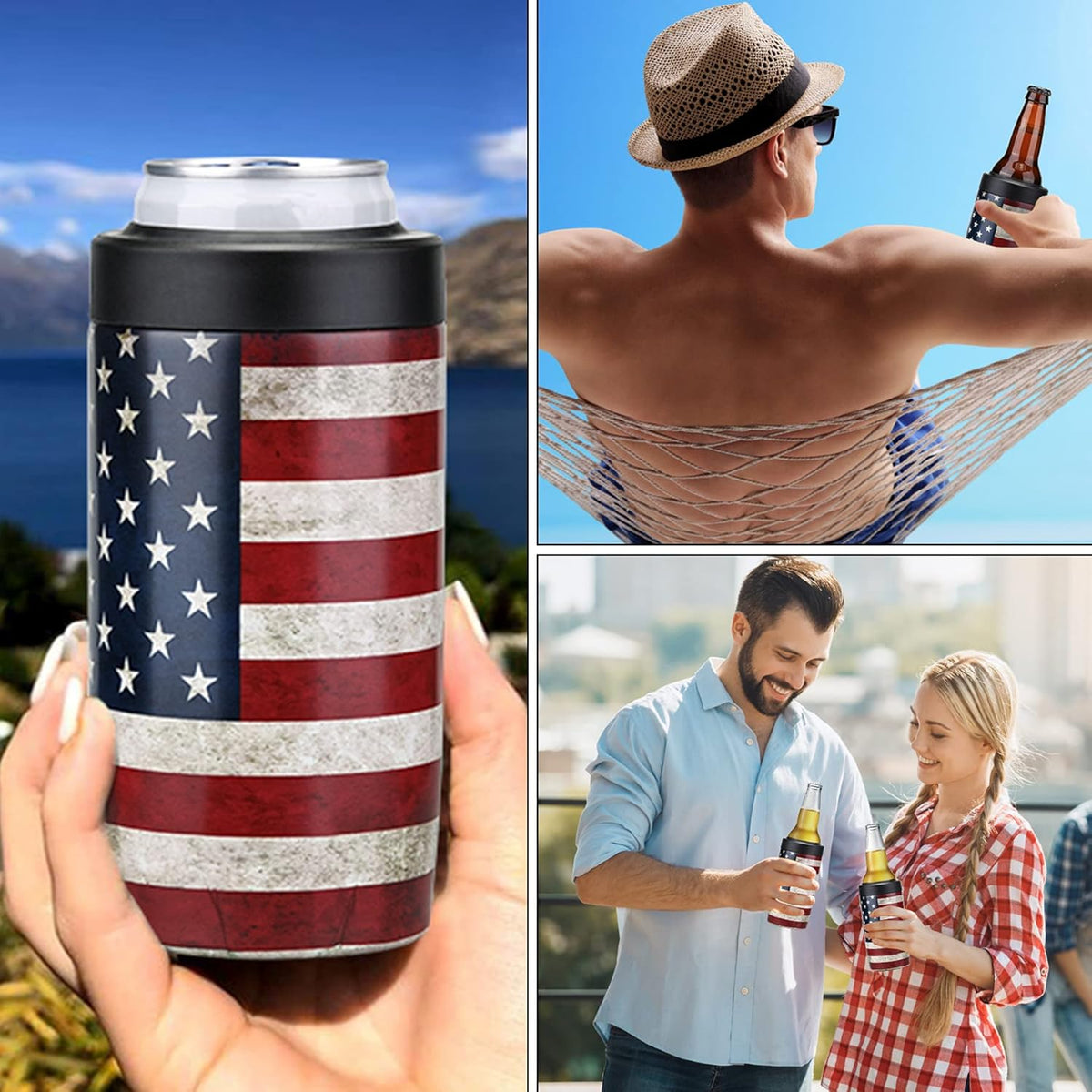 Slim Can Cooler, 4-In-1 Double Walled Stainless Steel Insulated Beer Can Holder, Works with All 12 Oz Cans,Bottles & as a Pint Cups - America Flag
