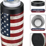 Slim Can Cooler, 4-In-1 Double Walled Stainless Steel Insulated Beer Can Holder, Works with All 12 Oz Cans,Bottles & as a Pint Cups - America Flag