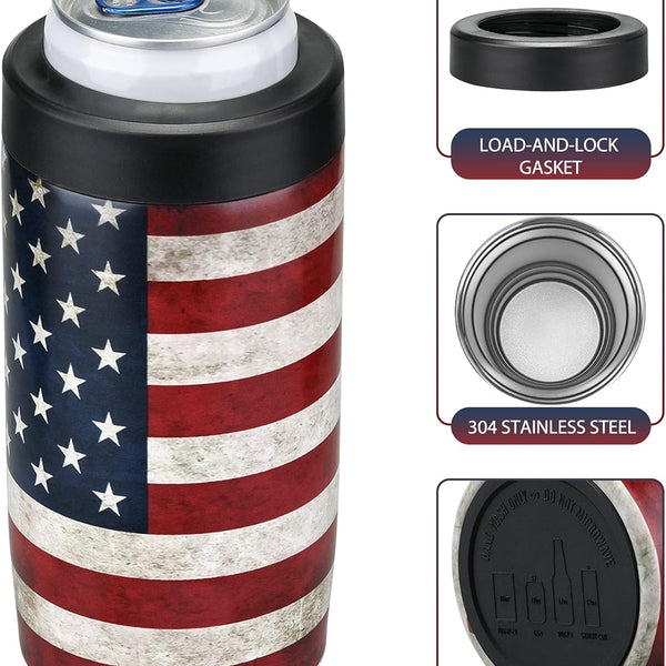 Slim Can Cooler, 4-In-1 Double Walled Stainless Steel Insulated Beer Can Holder, Works with All 12 Oz Cans,Bottles & as a Pint Cups - America Flag