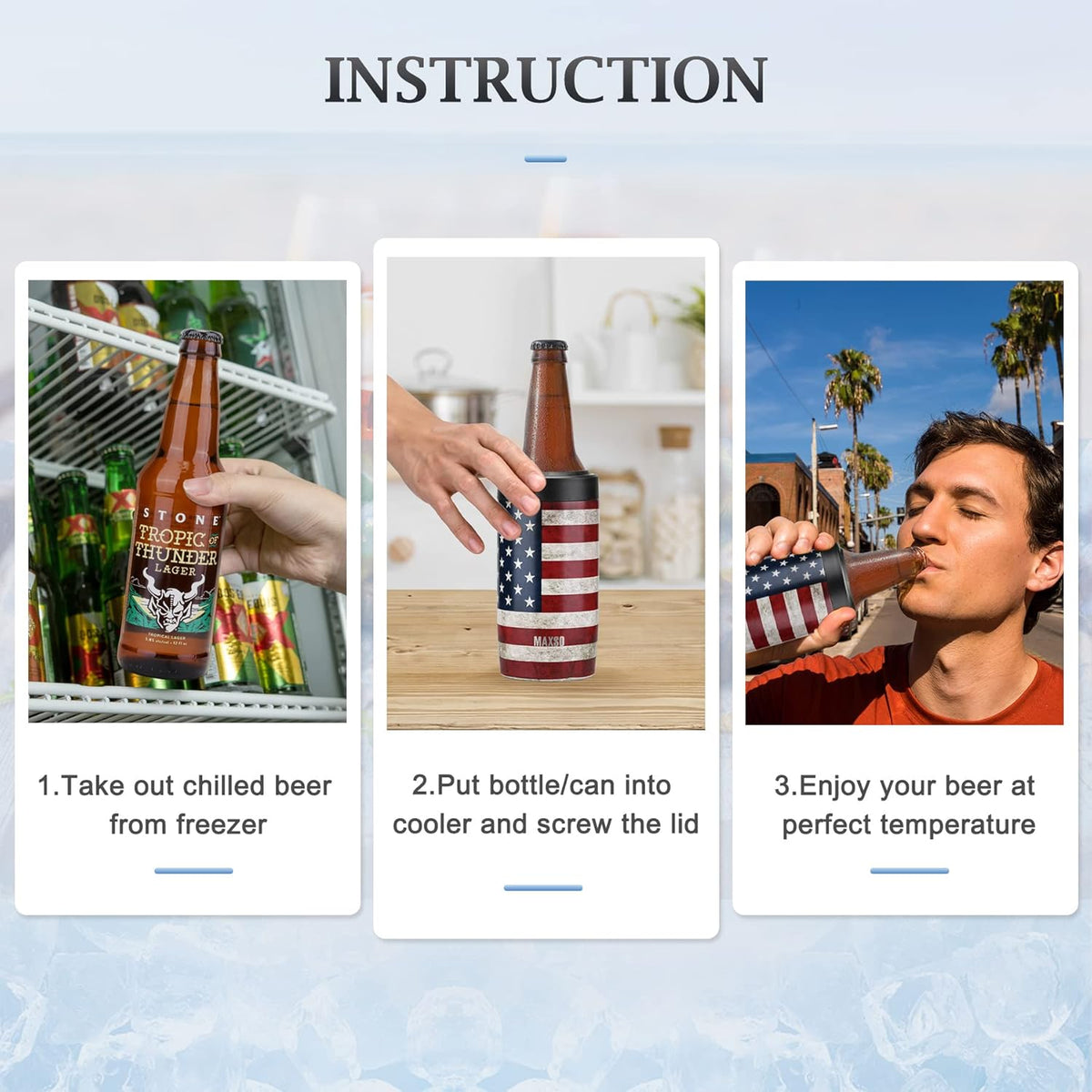 Slim Can Cooler, 4-In-1 Double Walled Stainless Steel Insulated Beer Can Holder, Works with All 12 Oz Cans,Bottles & as a Pint Cups - America Flag