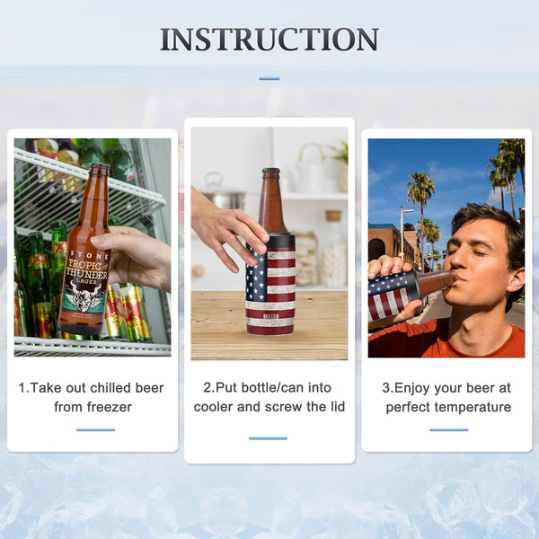 Slim Can Cooler, 4-In-1 Double Walled Stainless Steel Insulated Beer Can Holder, Works with All 12 Oz Cans,Bottles & as a Pint Cups - America Flag