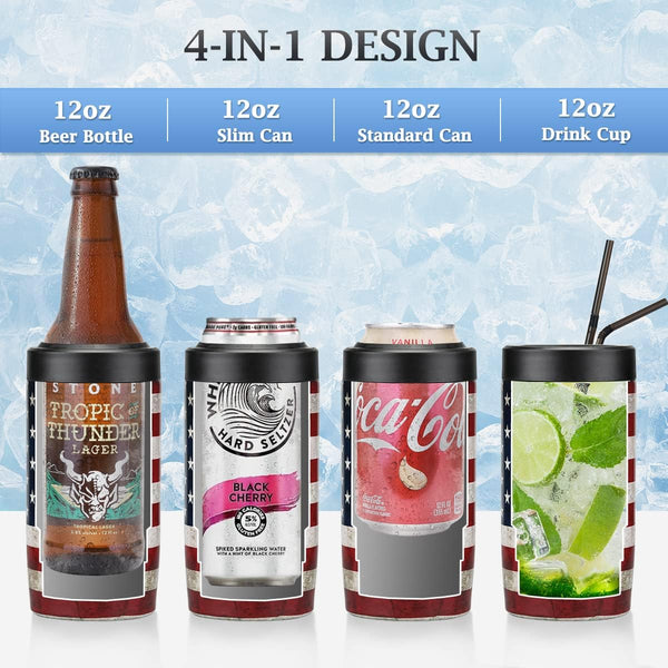 Slim Can Cooler, 4-In-1 Double Walled Stainless Steel Insulated Beer Can Holder, Works with All 12 Oz Cans,Bottles & as a Pint Cups - America Flag