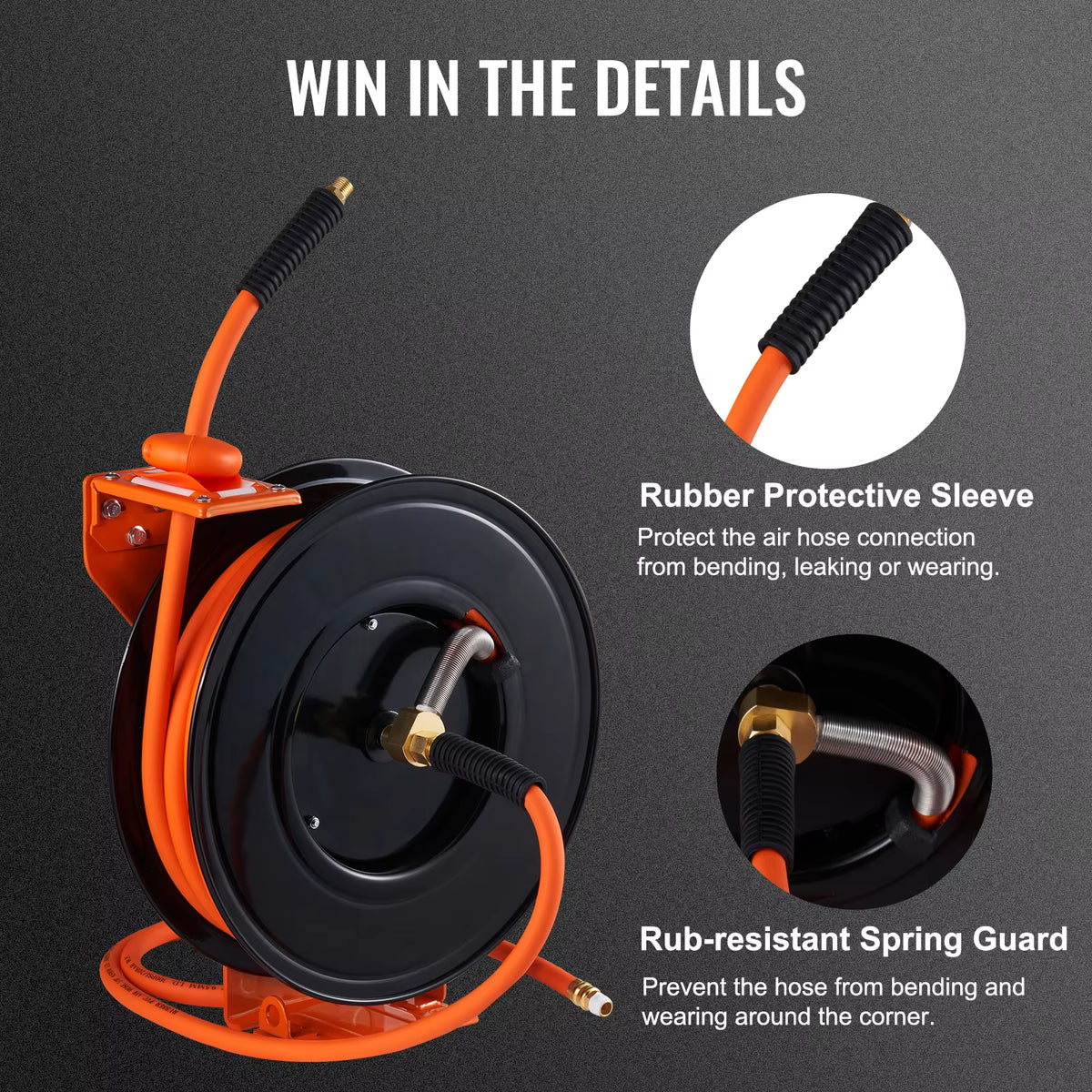 Succebuy Retractable Air Hose Reel 50FT Hybrid Air Compressor Hose Reel Wall Mount Heavy Duty Double Arm Stainless Steel Reel