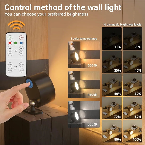 Battery Operated Wall Sconce, Rechargeable LED Wall Mounted Lights with Remote, Touch and 360° Rotate Dimmable, Magnetic Wall Sconce Lamp 3 Colors for Bedroom Bedside