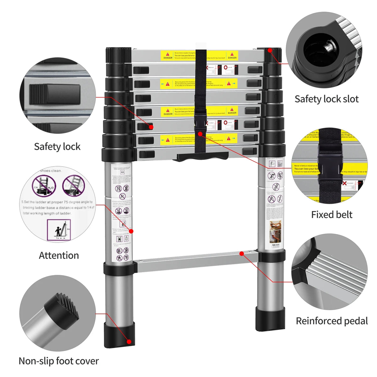Telescoping Extension Aluminum Ladder 8.5FT 330Lb Capacity 9 Steps